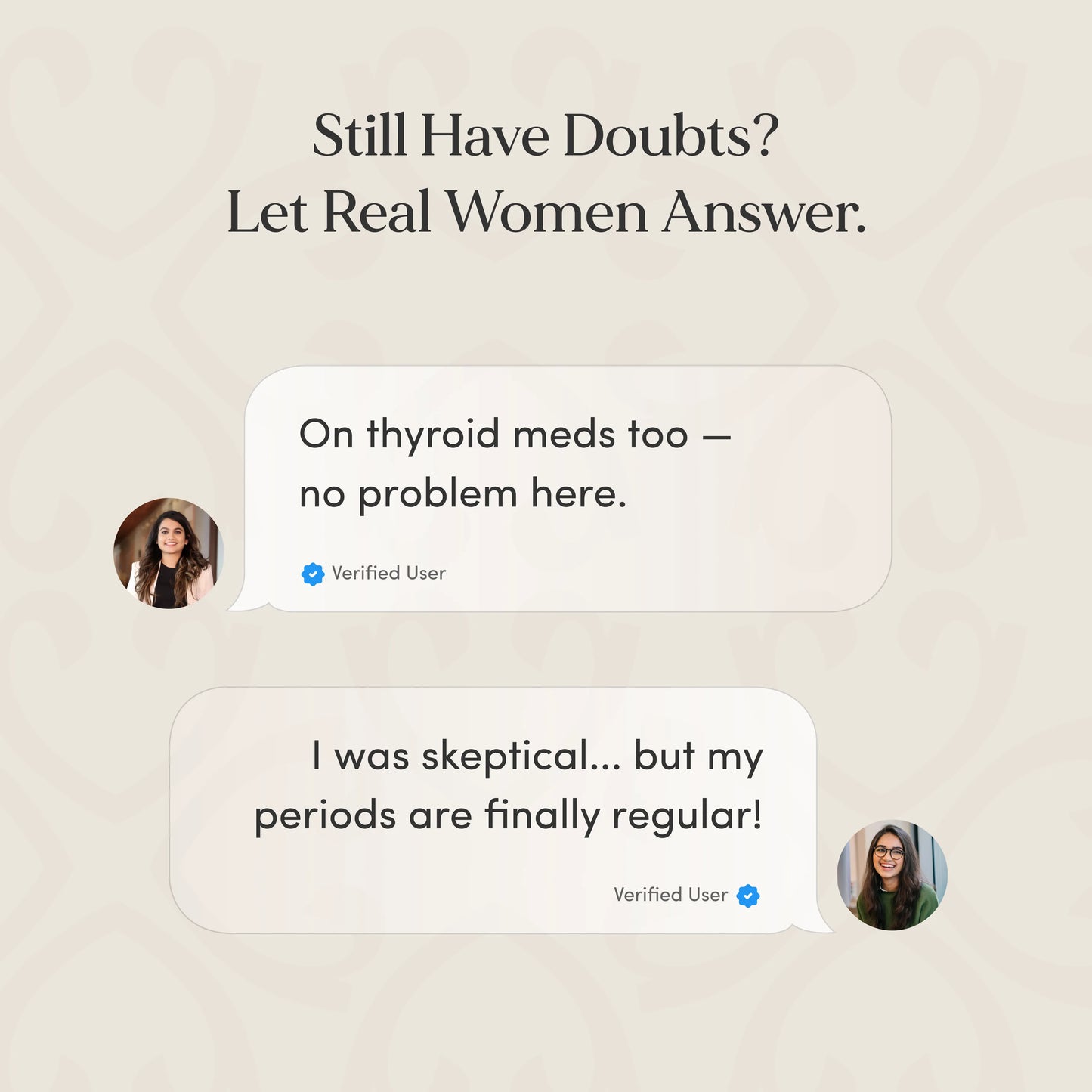 Text conversation between verified users discussing thyroid medication and menstrual regularity on a beige background.