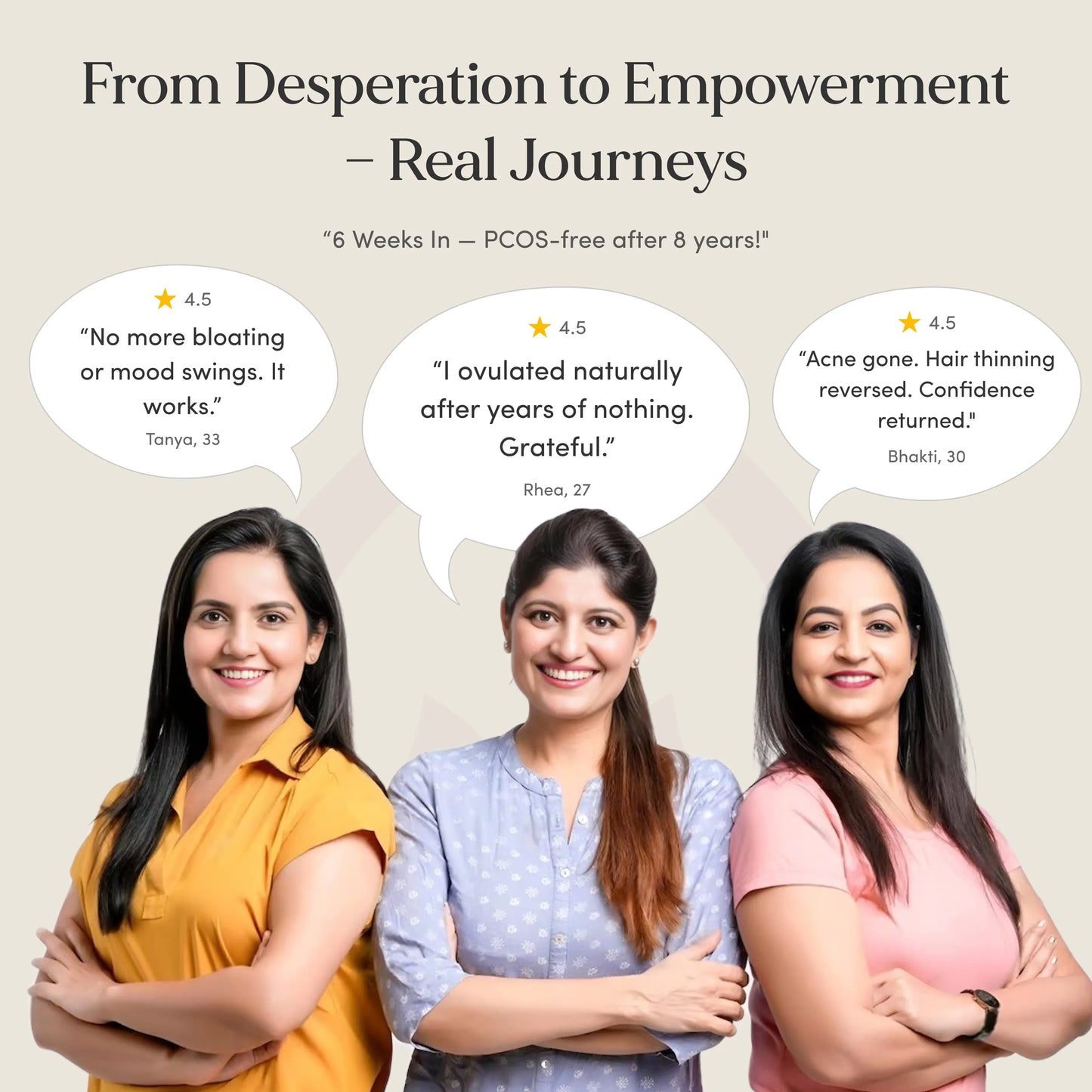Three women standing together with text about personal journeys of empowerment and health improvement.