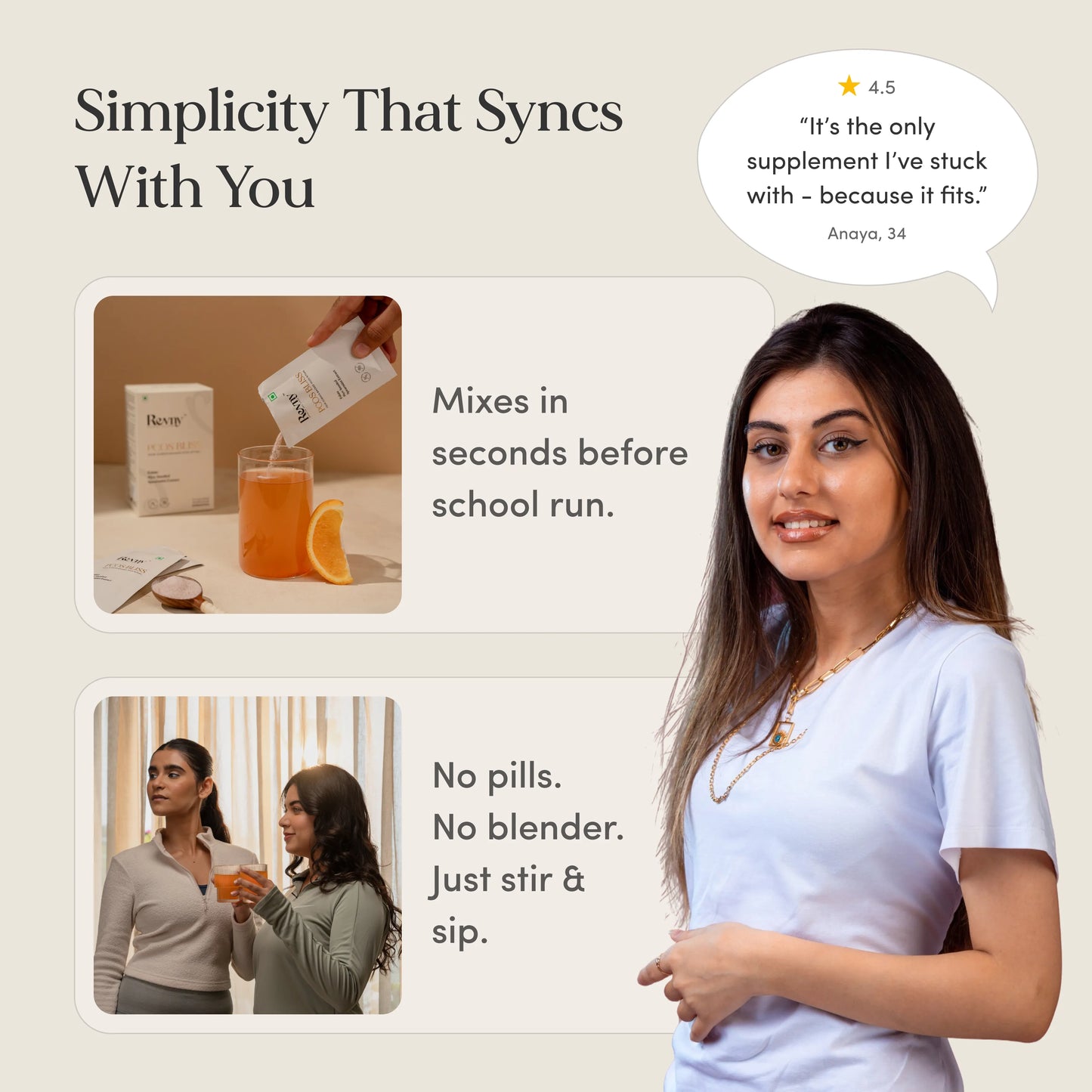 Advertisement for a supplement product with a woman and text about its ease of use.