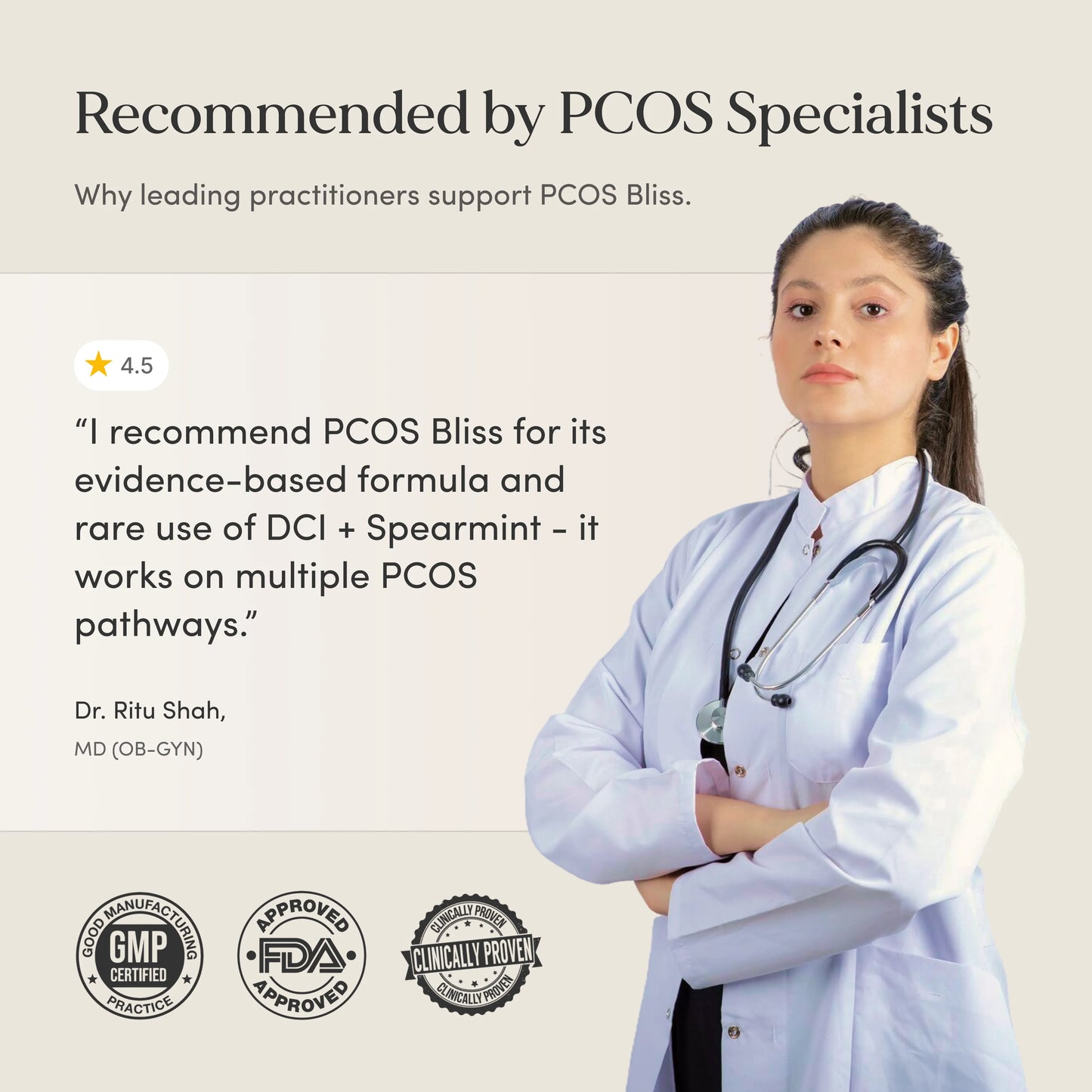 Woman in a white coat with a stethoscope, standing against a light background with text about PCOS Bliss.