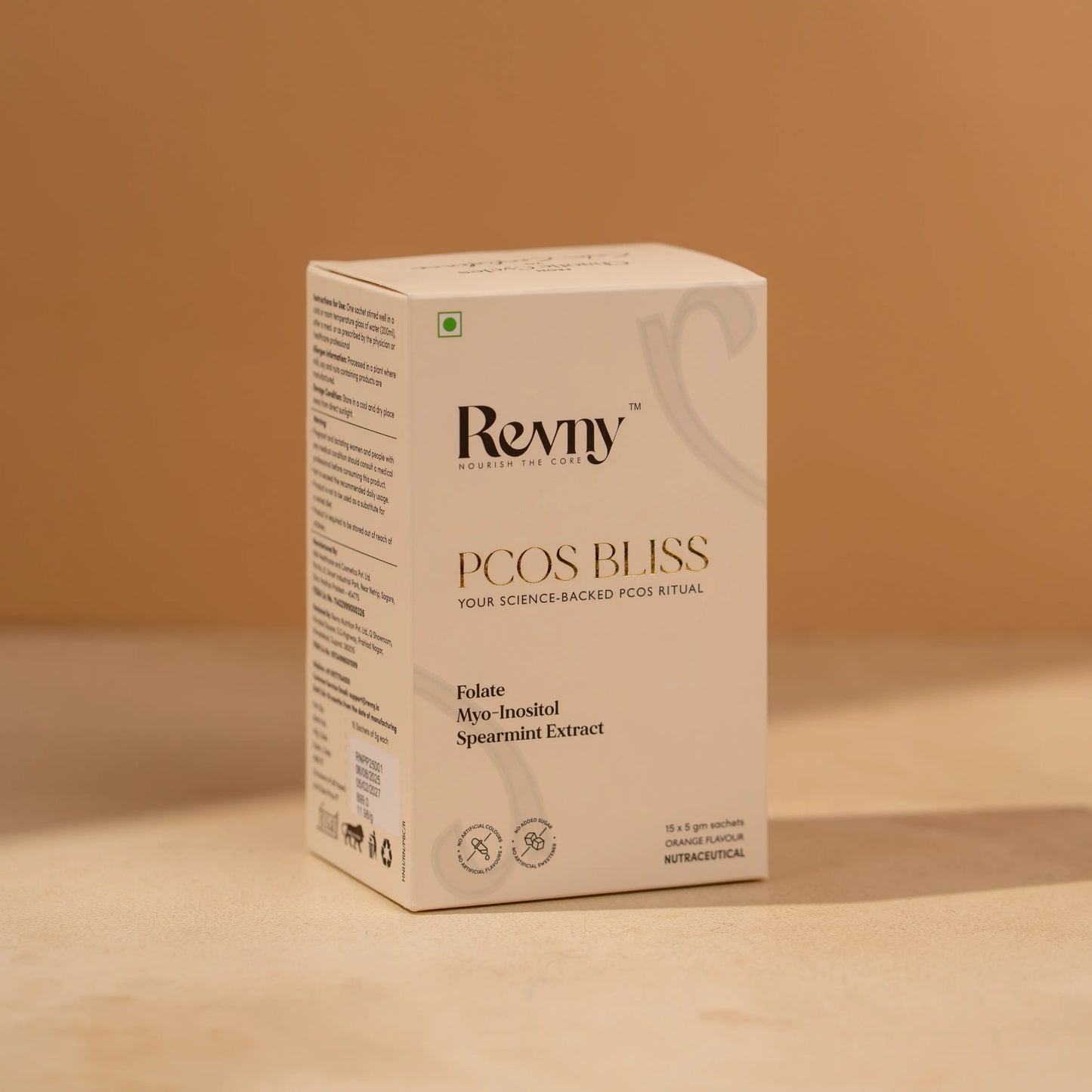 Revny PCOS Bliss product packaging on a beige background