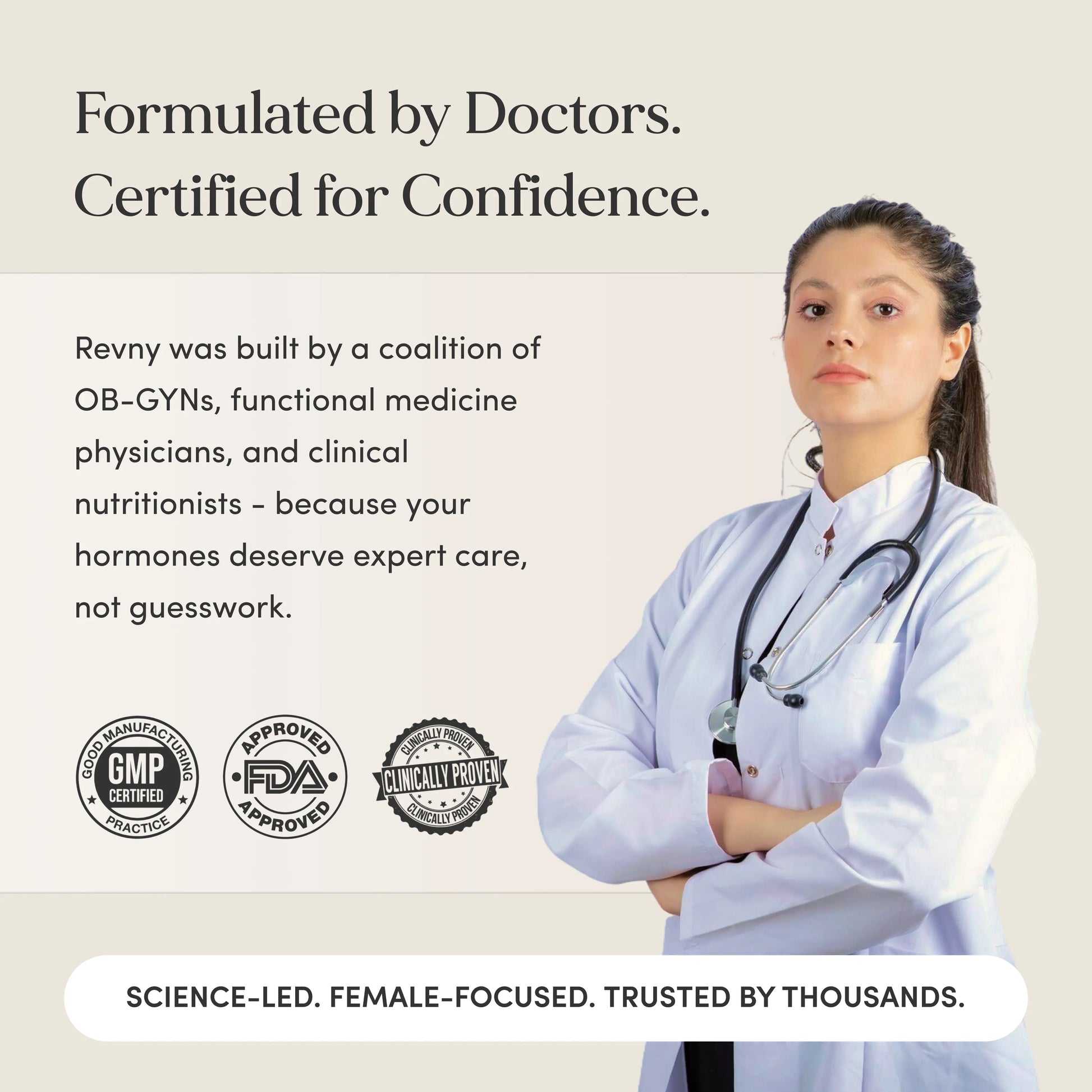 Woman in a white coat with a stethoscope, text about Revny, and certification logos
