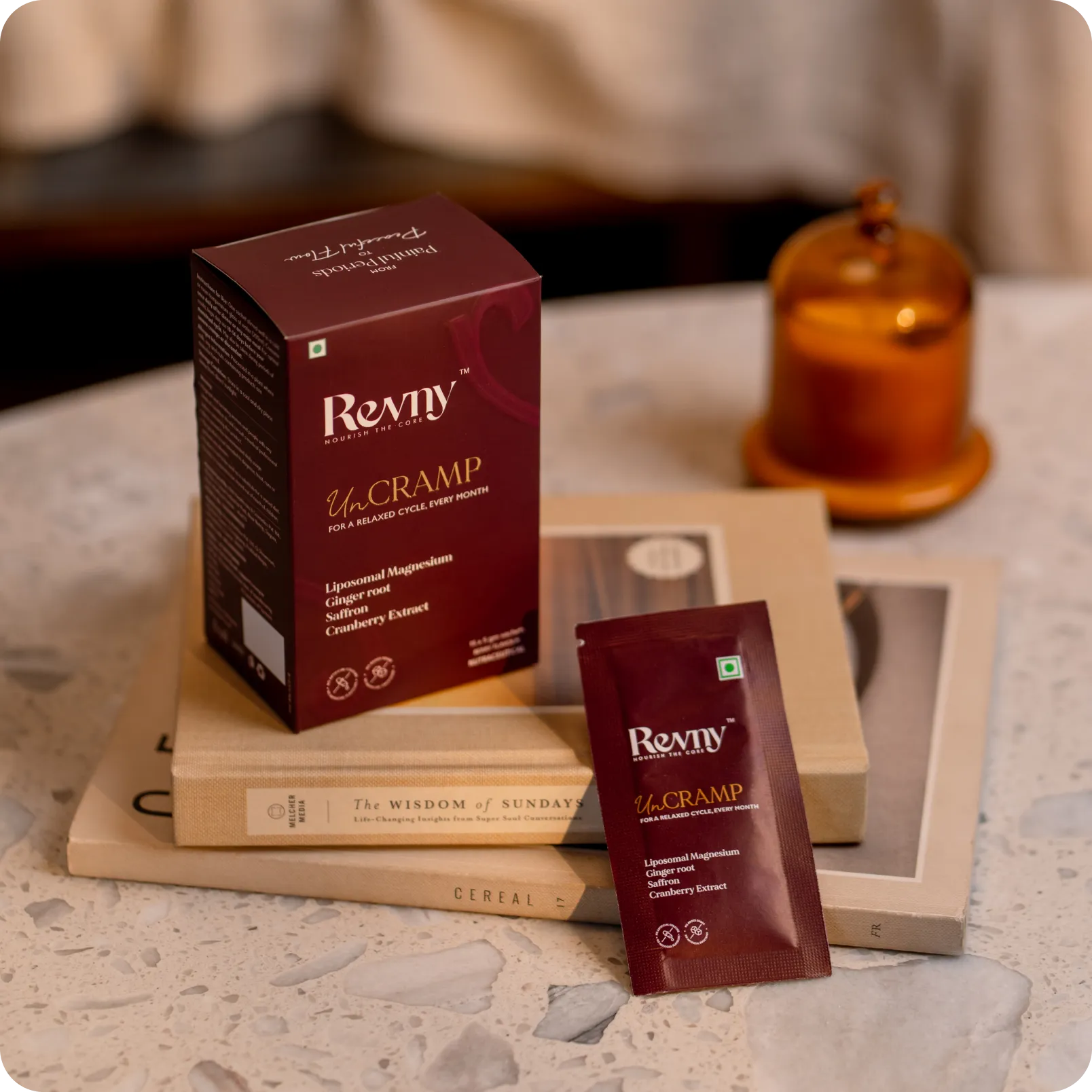 Revny UnCramp supplement packaging on a table