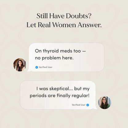 Text conversation between verified users discussing thyroid medication and menstrual regularity on a beige background.
