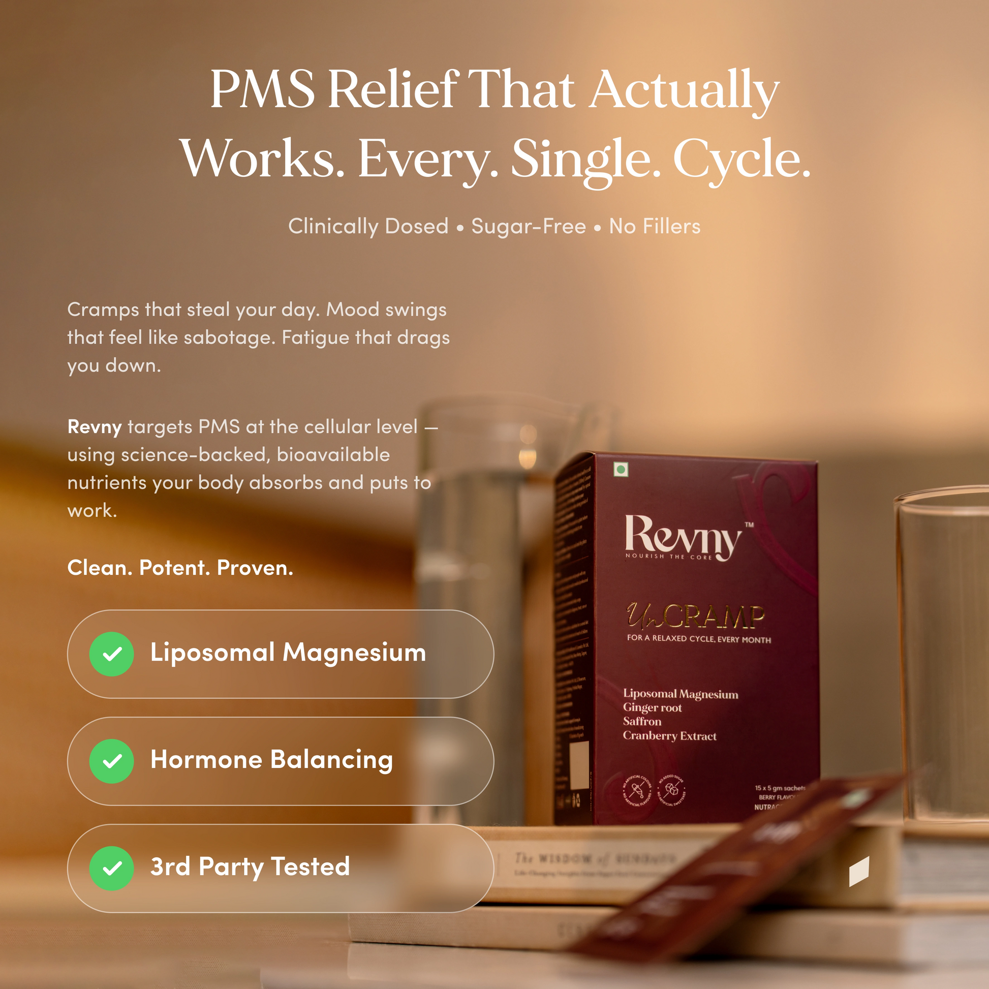 Revny PMS relief product packaging with text about PMS symptoms and product benefits