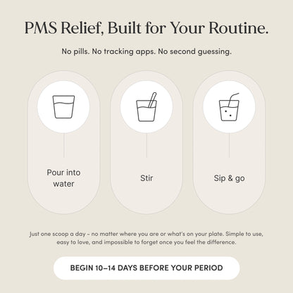 PMS relief product instructions with icons and text on a beige background