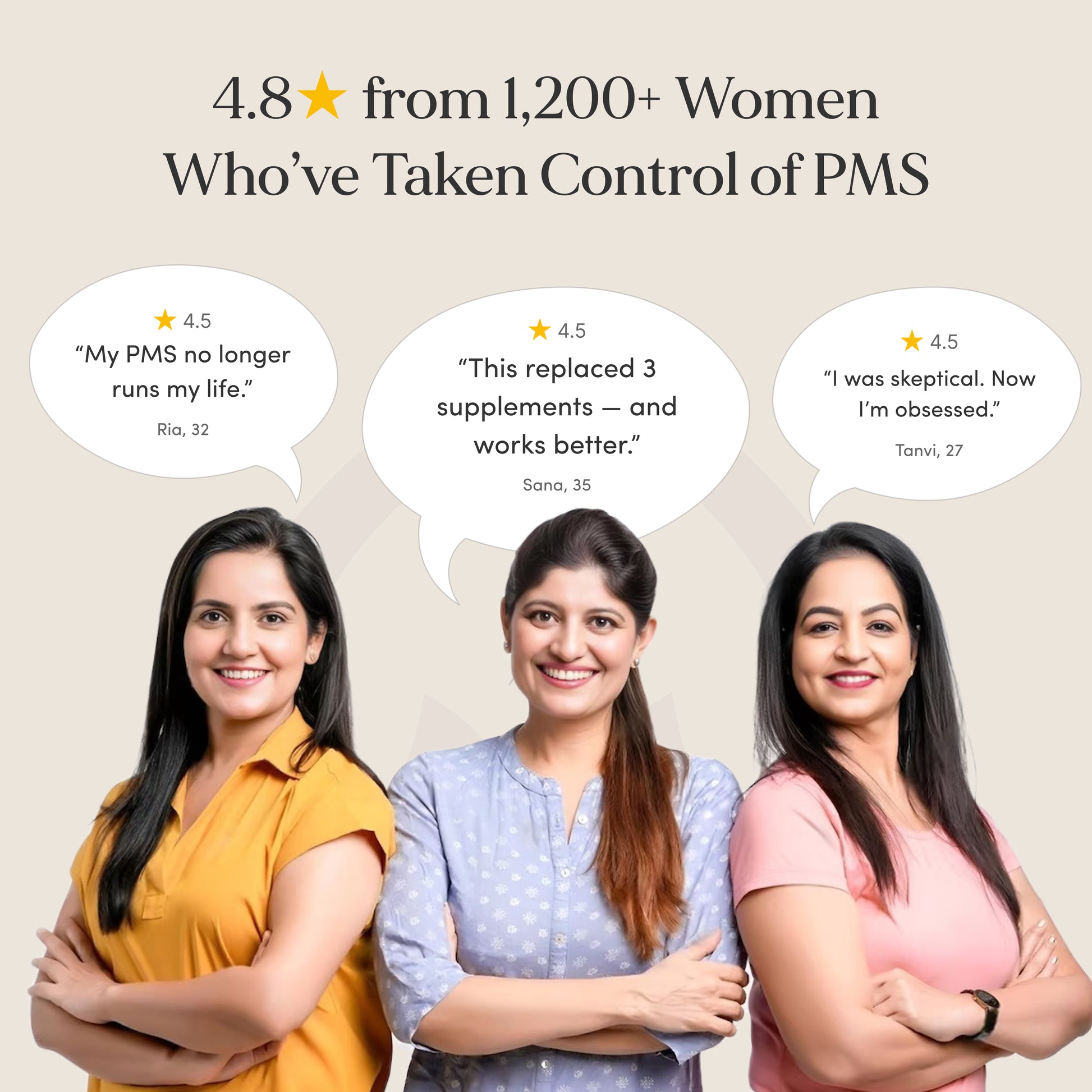 Three women with text bubbles containing testimonials about managing PMS, with a beige background.